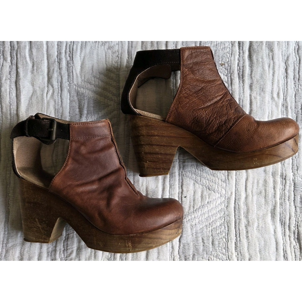 Free People Amber Orchard Clog Brown Leather Wood Heel Ankle Strap EU‎ 38 - Picture 2 of 8